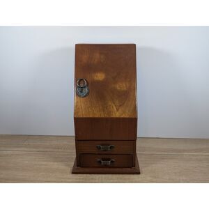 Vintage Wooden Jewelry Box with Mirror, Necklace Hooks & Drawers